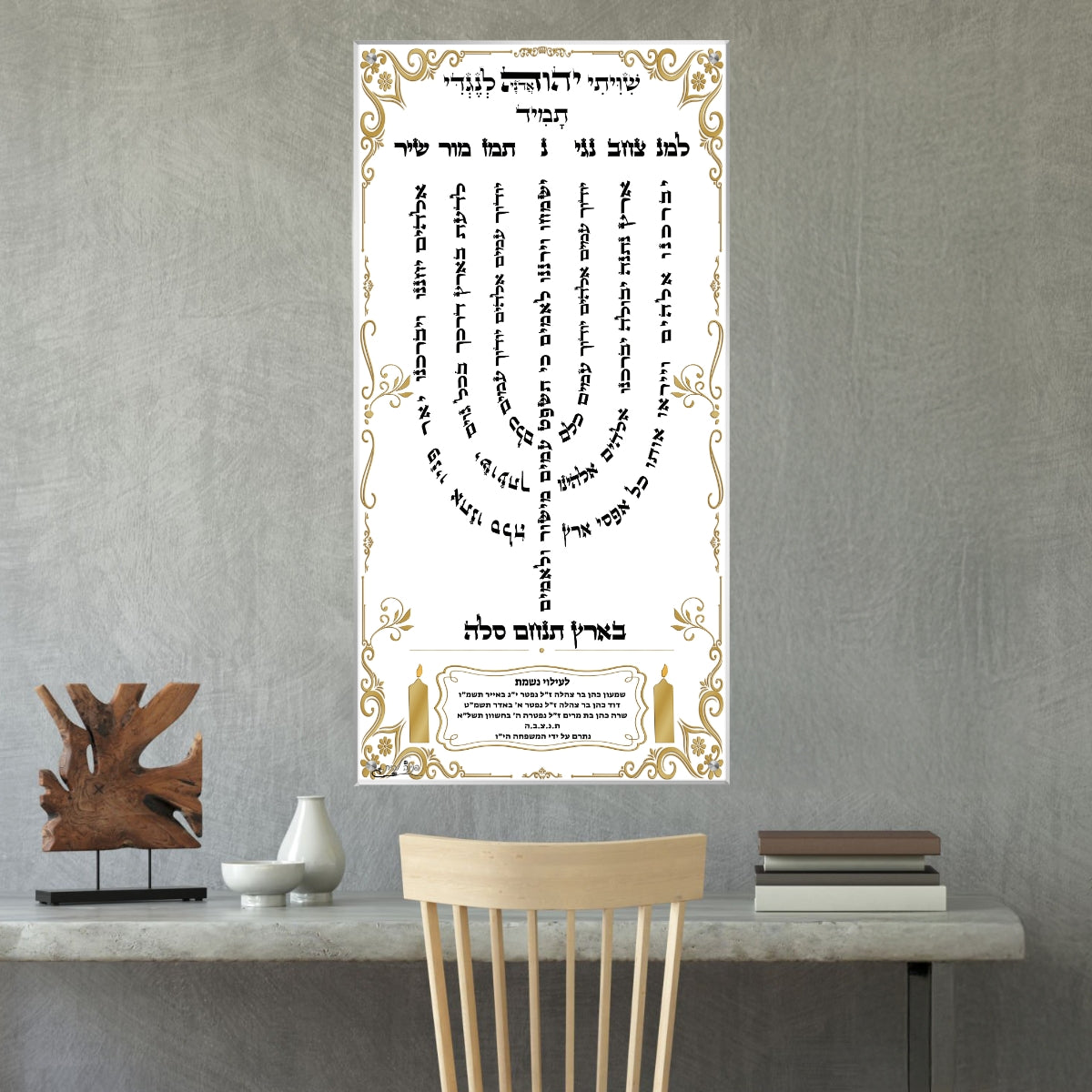 תמונת זכוכית של מנורת שבעת הקנים עם מזמור לדוד לבית כנסת או לבית.