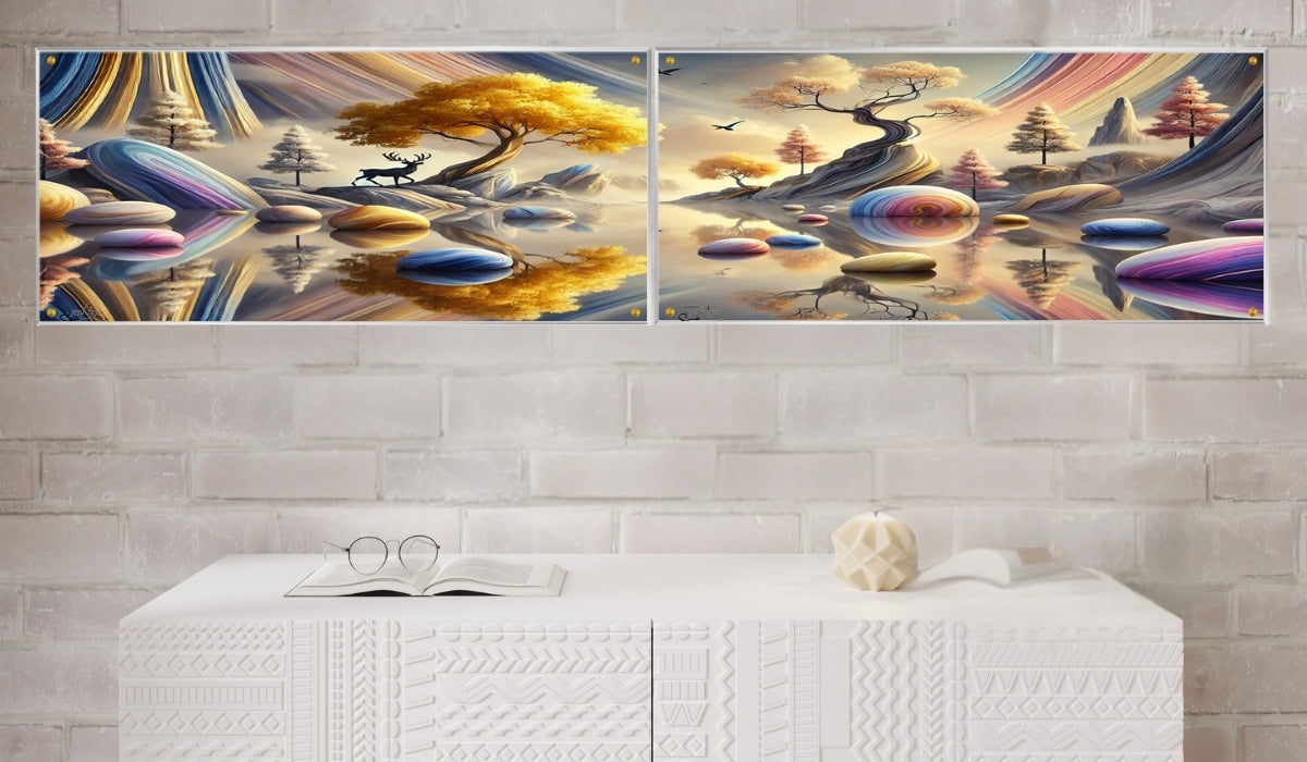 תמונות נוי בזכוכית מרהיבה, מעוצבות בהשראת אמנות מודרנית. מעניקות עומק ותחכום לכל עיצוב פנים.