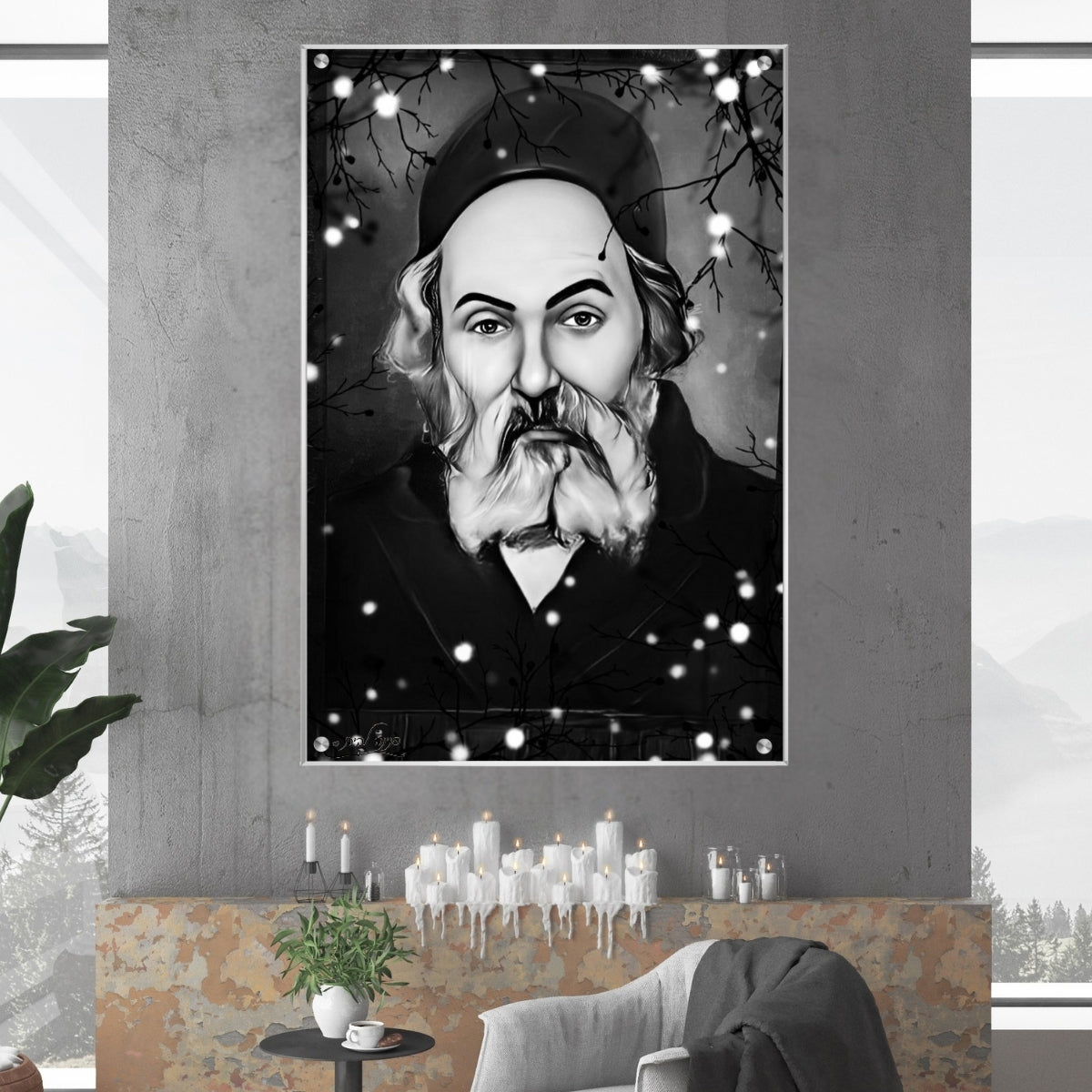 תמונת זכוכית של החפץ חיים בעיצוב גרפי שחור־לבן עם רקע של עצים ושלג – שילוב של הדפסה על זכוכית ותמונות נוי בעיצוב מודרני.