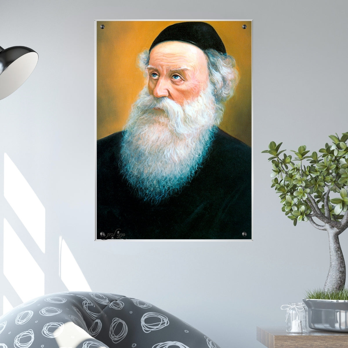 תמונת זכוכית של בעל התניא – ציור אומנותי עם מבט עמוק וזקן לבן, הדפסה על זכוכית באיכות גבוהה לתמונות נוי ולעיצוב הבית.