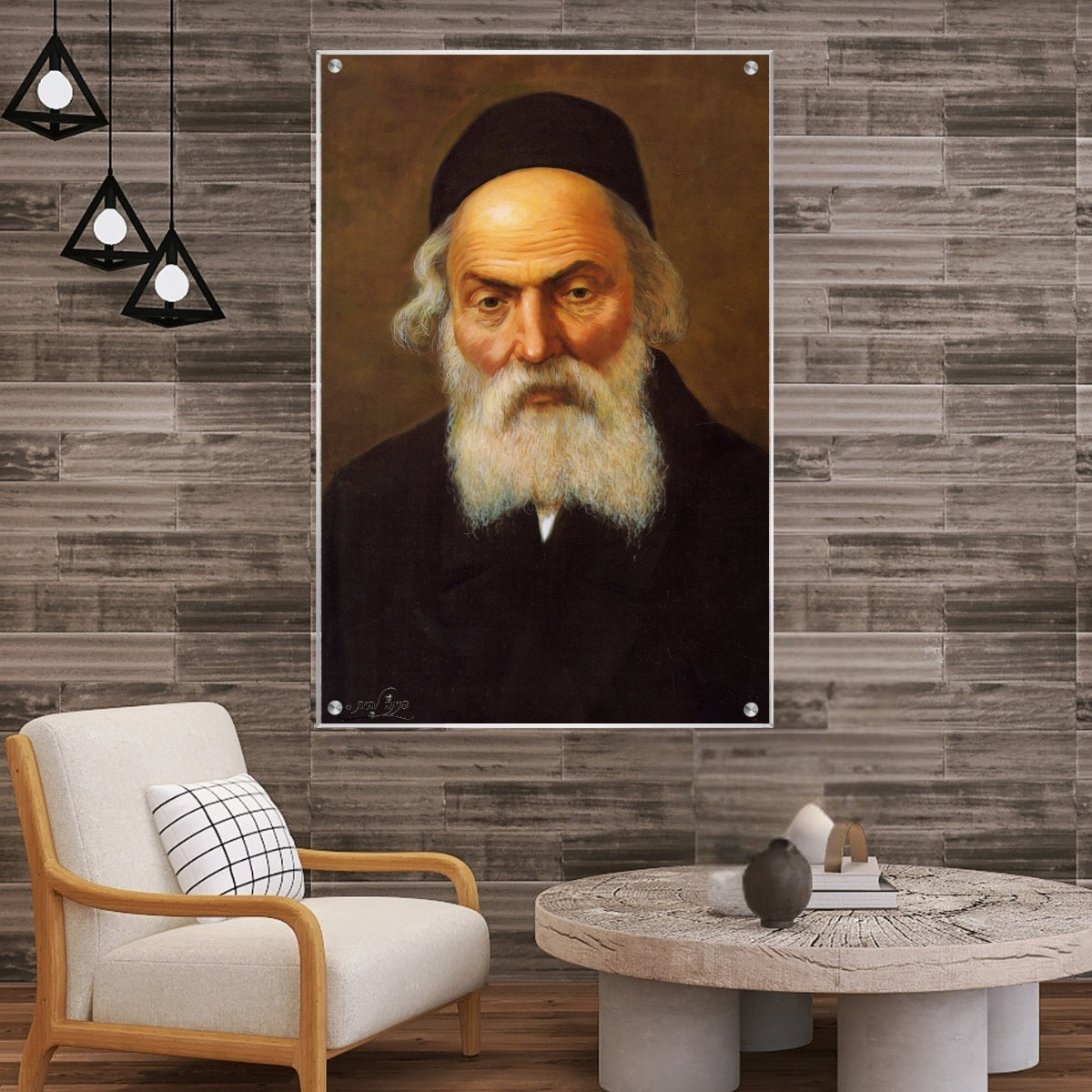 תמונת זכוכית של החפץ חיים – רבי ישראל מאיר הכהן – עם זקן לבן והבעה קדושה. תמונות לבית עם הדפסה על זכוכית איכותית.