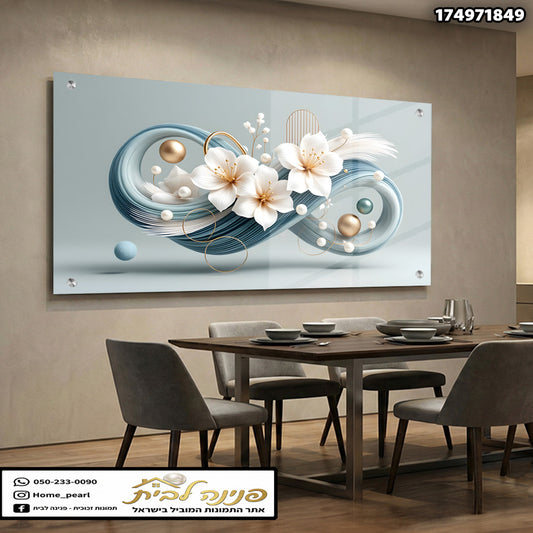 תמונה אבסטרקטית עם פרחים בעיצוב מודרני - תמונות נוי - צבעים: כחול, לבן, זהב