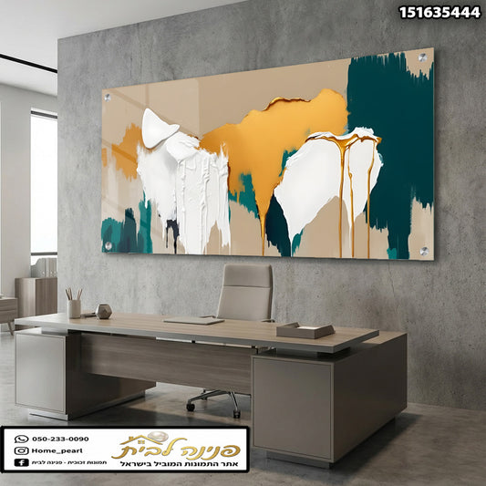 יצירת אמנות אבסטרקטית לת decor משרד - תמונות קיר - צבעים: לבן, זהב, טיל