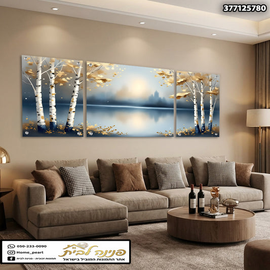 תמונה מעוצבת של נוף עצים ולבנה מעל אגם בגווני כחול, לבן וזהב - תמונות קיר