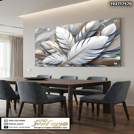 תמונה של קיר decorated עם עלים אמנותיים - תמונות לבית - צבעים לבן ואפור וזהב