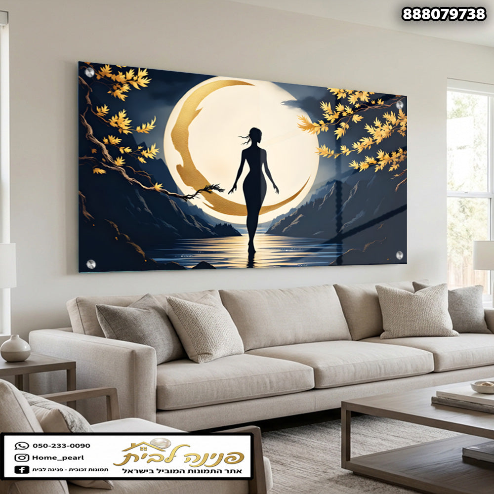 תמונה אמנותית של אישה מול ירח - זכוכית - צבעים כחול וצהוב