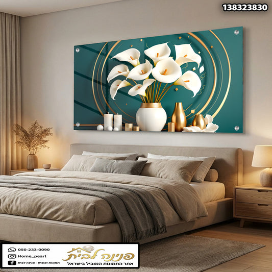 תמונה של פרחים בסגנון מודרני - תמונות קיר - צבעים: לבן, ירוק, זהב