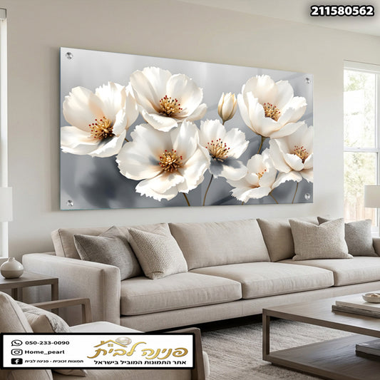 ציור של פרחים לבנים על רקע אפור - תמונות לבית - צבעים לבן ואפור