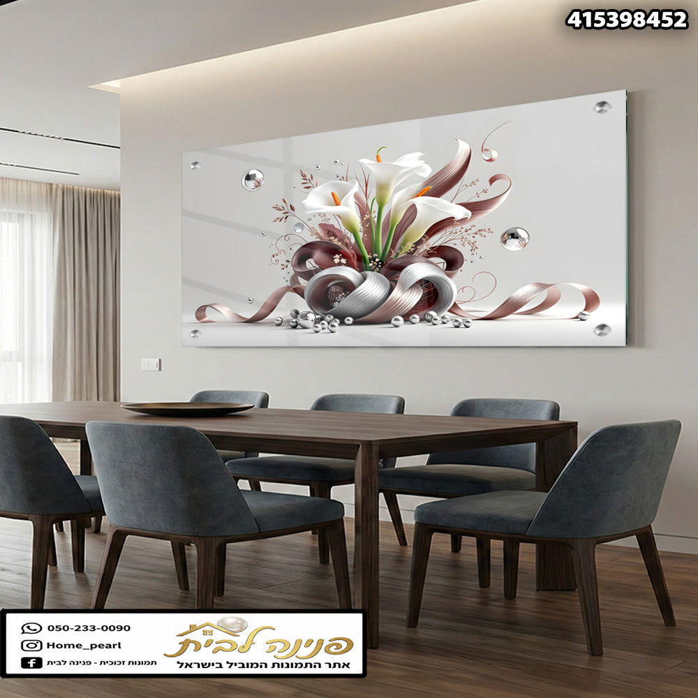 תמונה של סידור פרחים על קיר - תמונות לבית - צבעים לבן, חום, ירוק