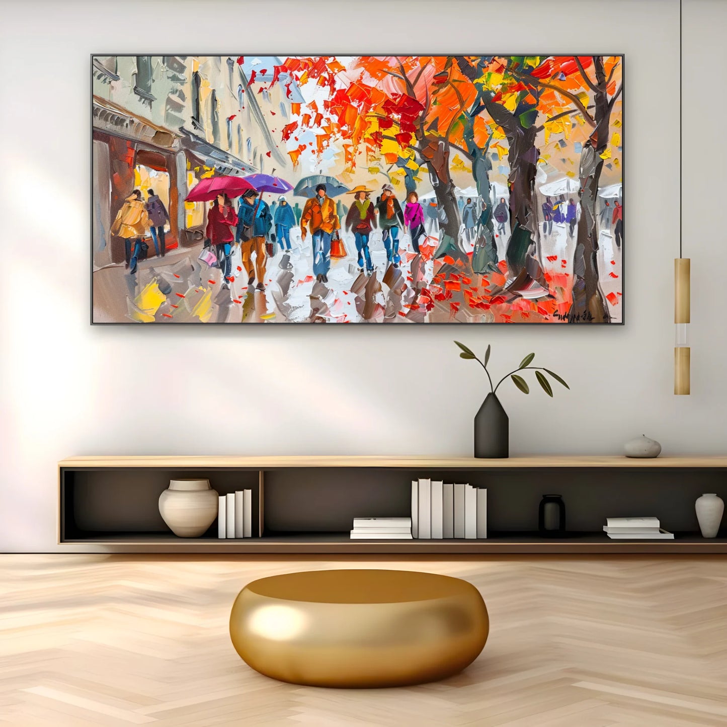 תמונת זכוכית צבעונית של סצנת רחוב עירוני עם עצי שלכת ואנשים תחת מטריות – מתאימה כתמונת נוי לבית