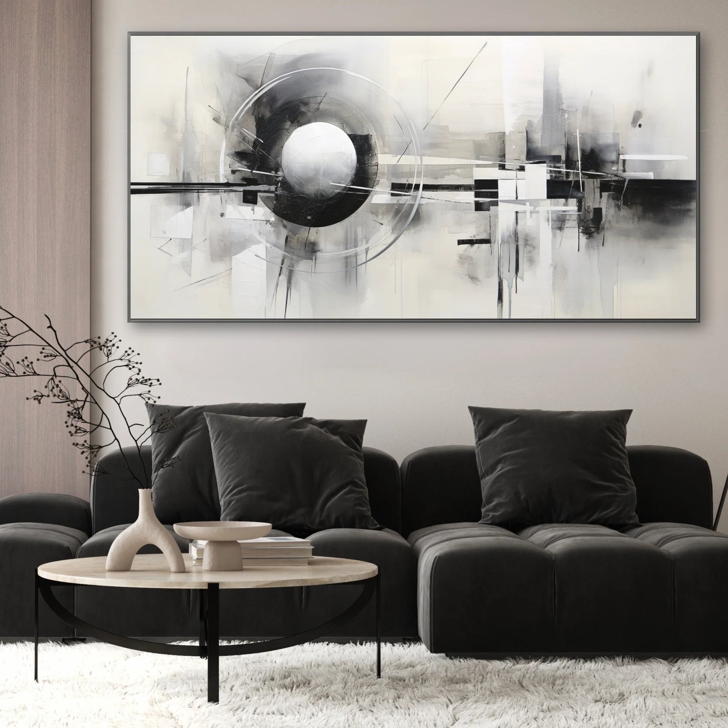 תמונת זכוכית בעיצוב גיאומטרי מופשט בשחור ולבן, מתאימה לתמונות לבית ולסלון