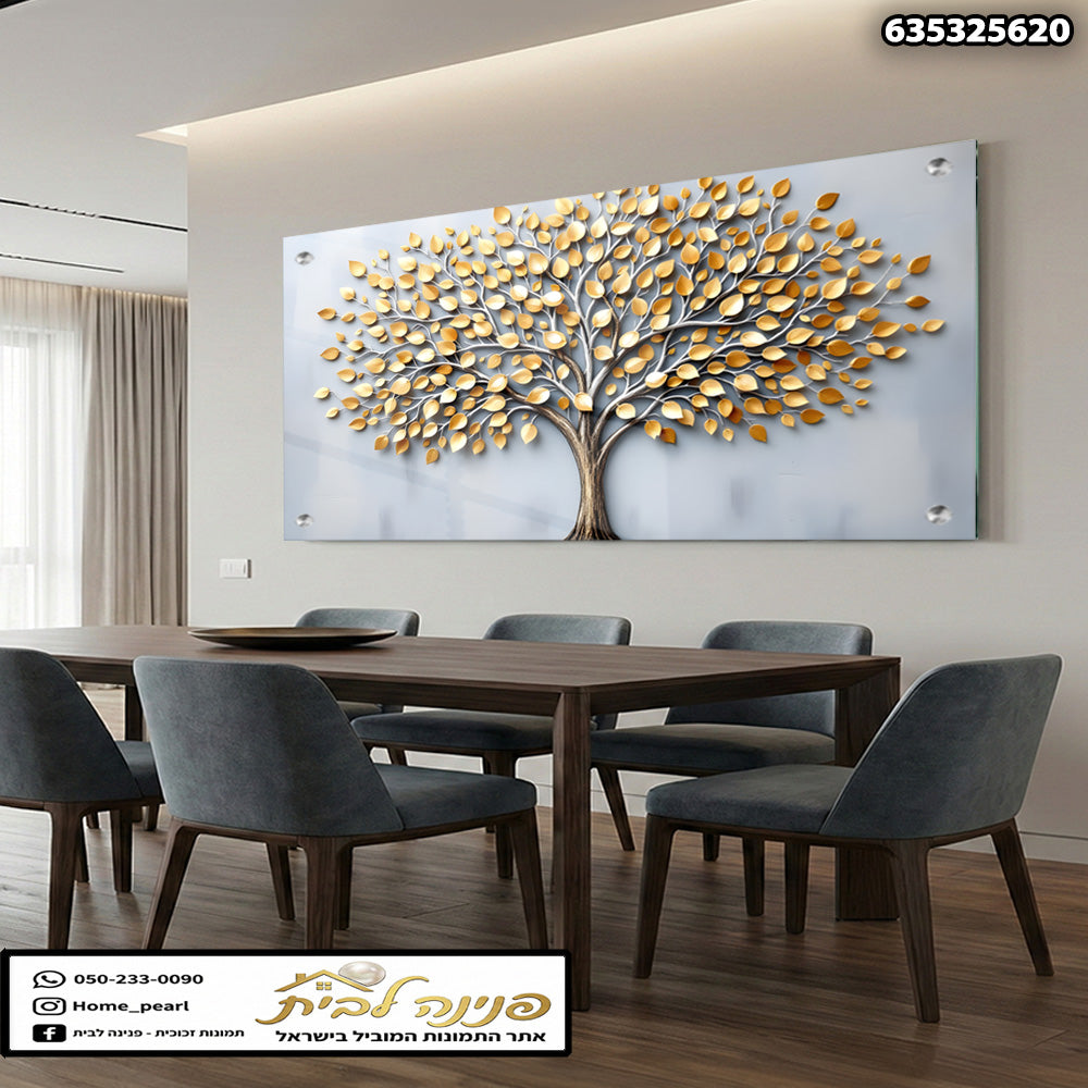 תמונה של עץ עם עלים מוזהבים על רקע זכוכית - תמונות קיר - צבעים זהב ואפור