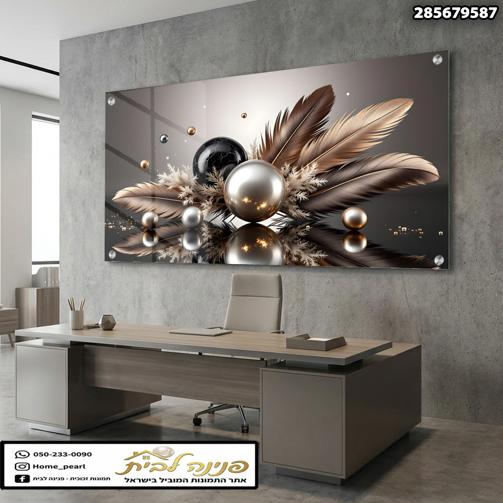 תמונה של תמונה לקיר עם כדורי זכוכית ונוצה - תמונות זכוכית - צבעים שחור, כסף וחום