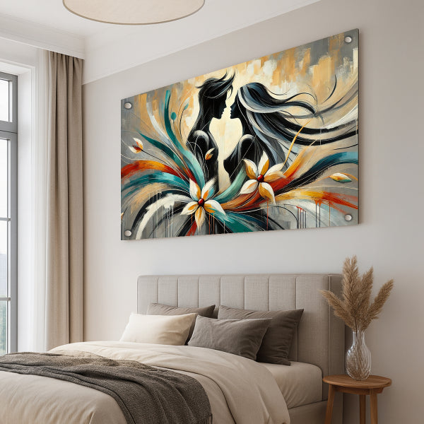 זוג מופשט עם פרחים צבעוניים – הדפסה על זכוכית