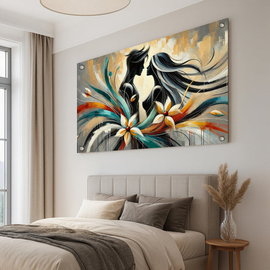 זוג מופשט עם פרחים צבעוניים – הדפסה על זכוכית