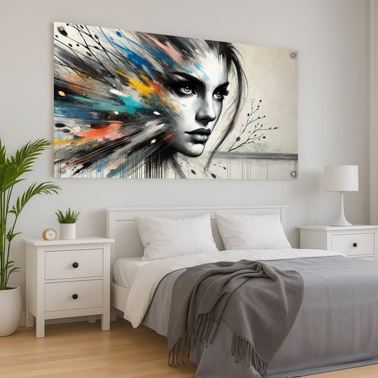 דיוקן נשי מופשט בצבעים דרמטיים על רקע בהיר – אמנות מודרנית על זכוכית לקישוט הבית