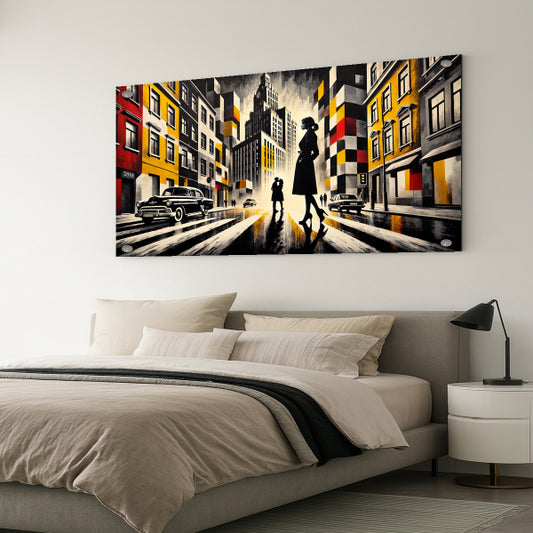 תמונת זכוכית של אישה צועדת בעיר צבעונית בסגנון מודרני