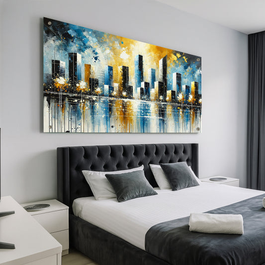 תמונת זכוכית של קו רקיע עירוני בצבעי כחול, זהב ולבן