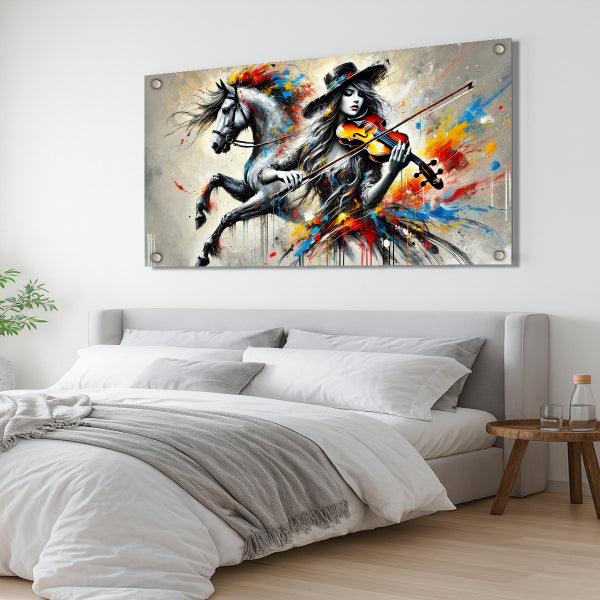 תמונת זכוכית של אישה מנגנת בכינור ליד סוס לבן, בצבעים חזקים ואמנותיים