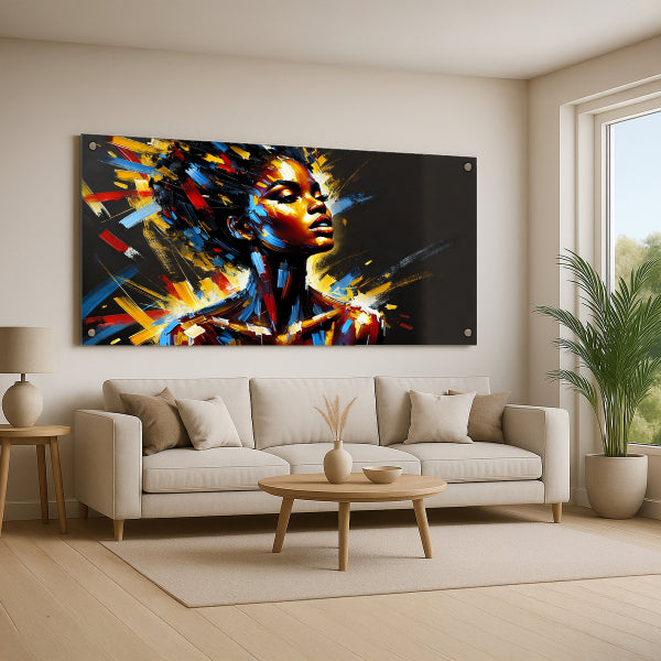 דיוקן נשי אמנותי בצבעים חמים ודינמיים - תמונת זכוכית מודרנית לבית