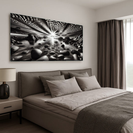 תמונה בשחור לבן של חוף סלעי עם שמש חזקה ועננים דרמטיים – עיצוב יוקרתי על זכוכית