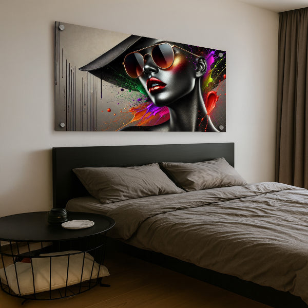 תמונת אישה בשחור עם משקפי שמש צבעוניים - תמונות זכוכית