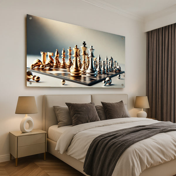 תמונת זכוכית של לוח שחמט עם כלים מזהב וכסף על רקע בהיר