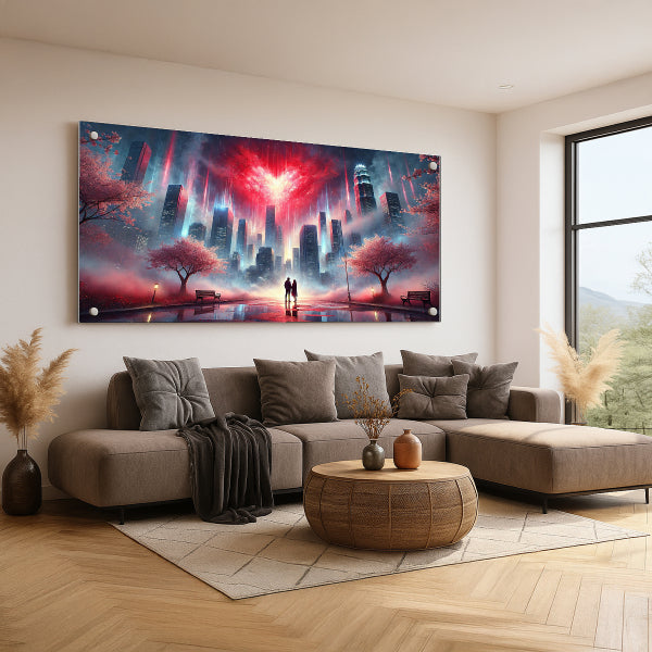 תמונת זוג באור עירוני רומנטי עם שמיים בצורת לב – תמונת זכוכית יוקרתית לסלון