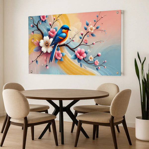 ציפור צבעונית על ענף פריחה - תמונת זכוכית יוקרתית לעיצוב הבית