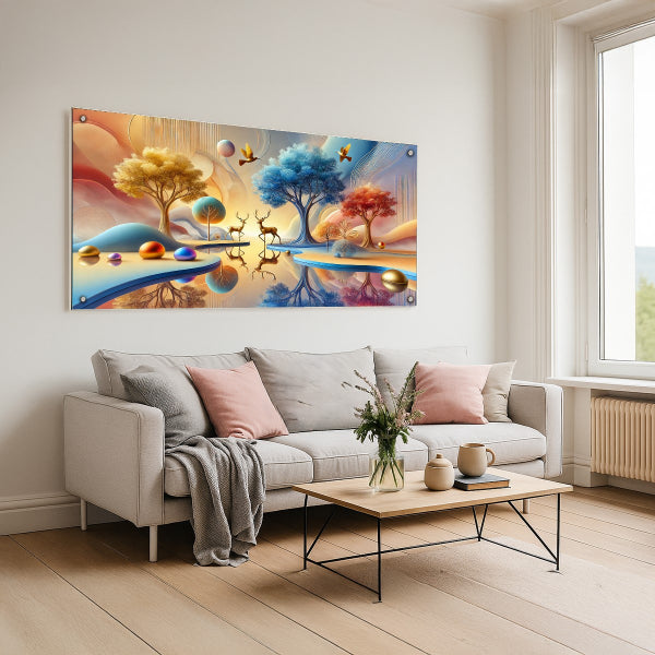 תמונת זכוכית נוף צבעוני קסום עם איילים ועצי זהב – תמונות זכוכית לבית