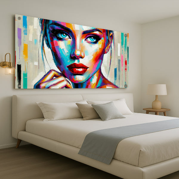דיוקן צבעוני אמנותי של אישה בעוצמה נשית - תמונת זכוכית יוקרתית לחדר שינה