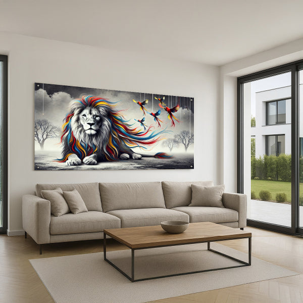 האריה הצבעוני וציפורי החופש - הדפסה על זכוכית יוקרתית