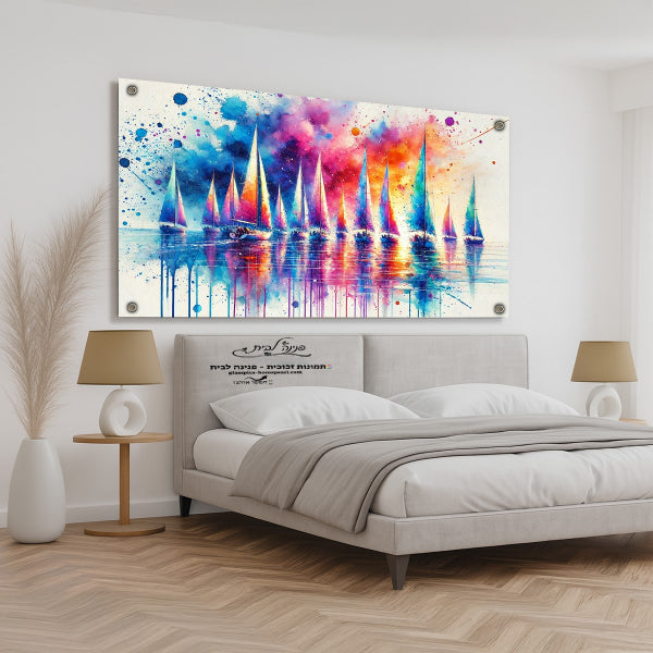 תמונת זכוכית של מפרשיות צבעוניות על פני מים עם שמיים מופשטים