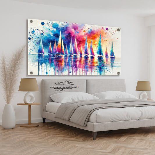 תמונת זכוכית של מפרשיות צבעוניות על פני מים עם שמיים מופשטים