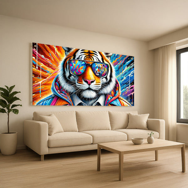 תמונת זכוכית של טיגריס צבעוני עם משקפי שמש בעיצוב מודרני ונועז