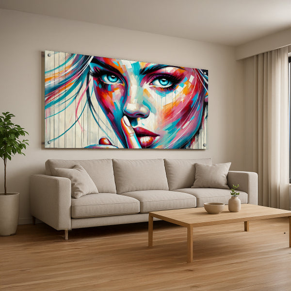 דיוקן נשי בצבעים עזים עם מבט מסתורי - תמונת זכוכית מודרנית לסלון