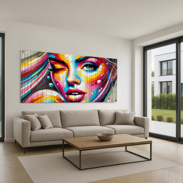 דיוקן צבעוני נועז עם קריצה שובבה - תמונת זכוכית מודרנית לסלון