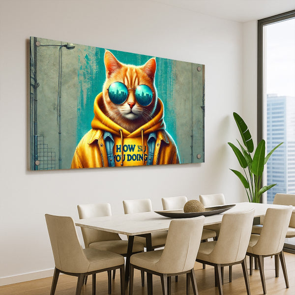 תמונת זכוכית של חתול עם סווטשירט צהוב ומשקפי שמש על רקע אורבני