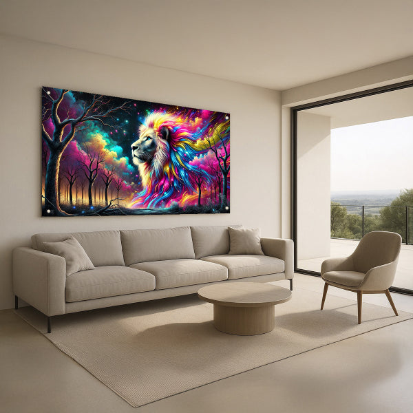 האריה הקוסמי בליל הצבעים - תמונת זכוכית יוקרתית לסלון