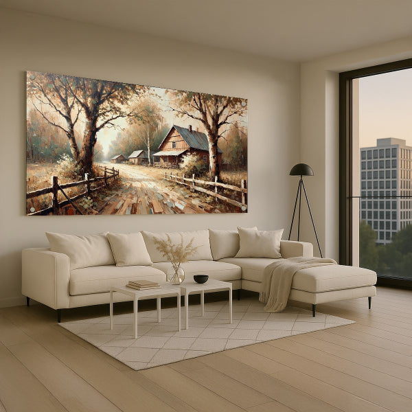 תמונות נוי לסלון - בית כפרי ועצים זהובים באור שקיעה