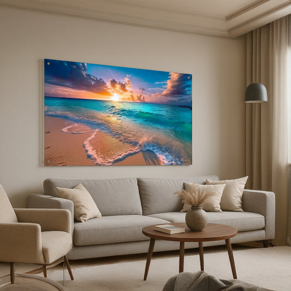 תמונות נוי - חוף ים רגוע בשעת זריחה עם גווני טורקיז רכים