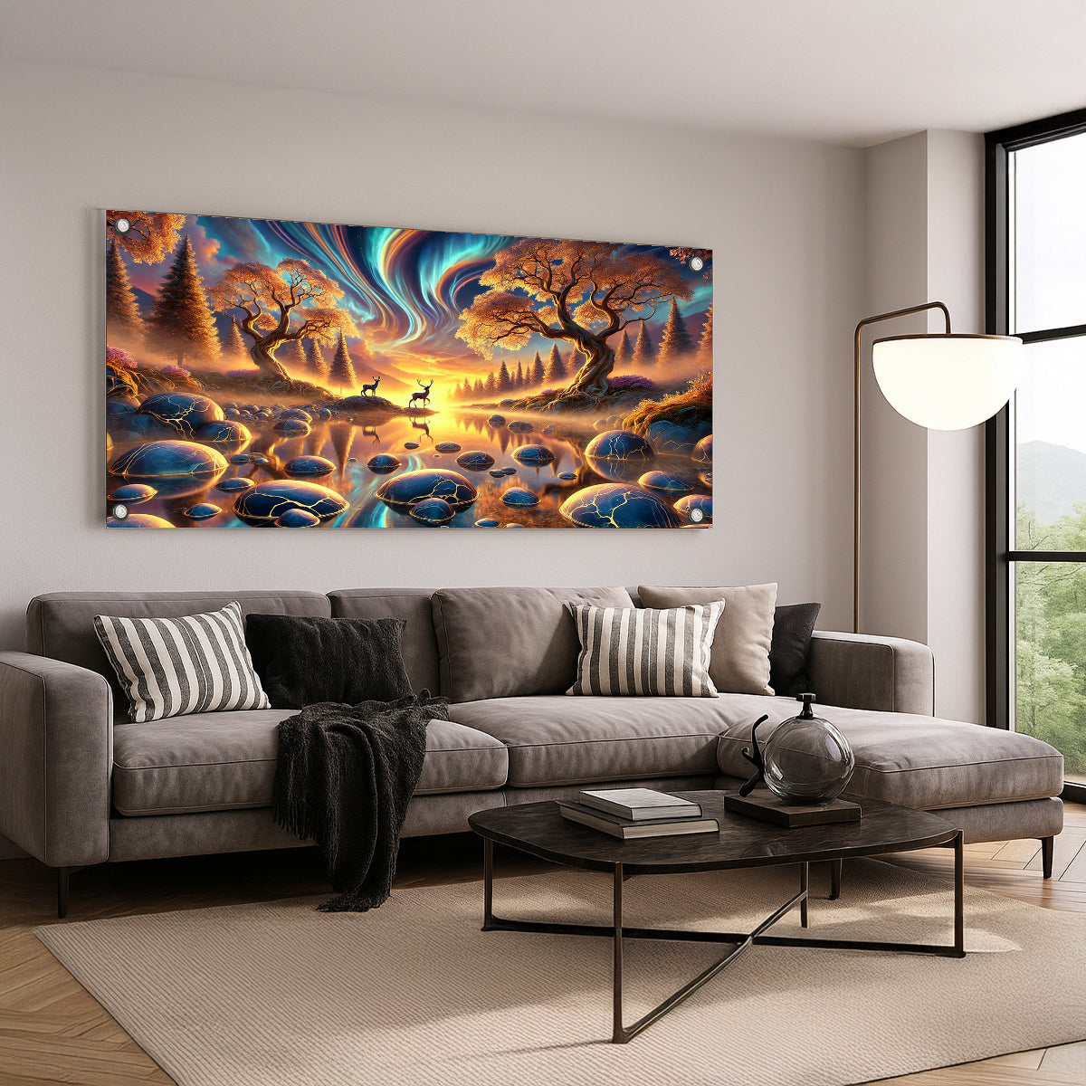 איילים בשקיעה בין עצים ואבנים זוהרות – תמונות זכוכית אמנותיות