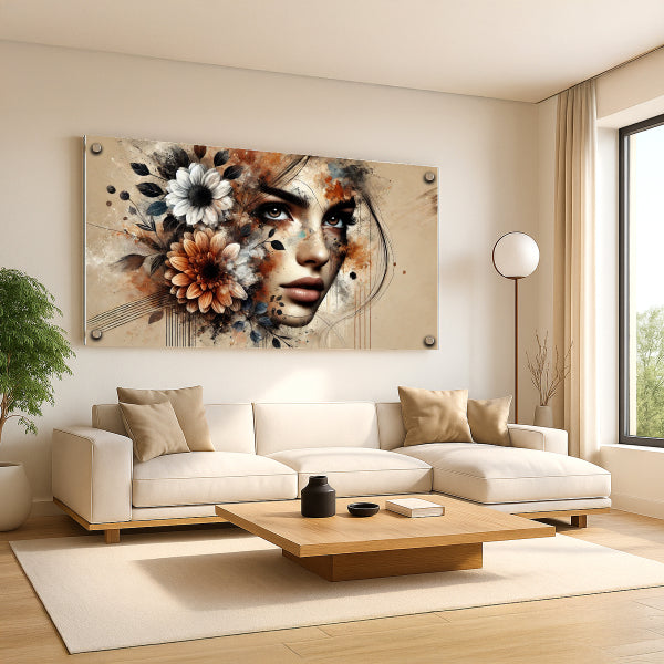 דיוקן נשי עם פרחים בגוונים חמים - תמונת זכוכית אלגנטית לבית