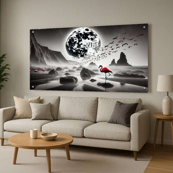 פלמינגו ורוד מול ירח מואר – תמונות זכוכית