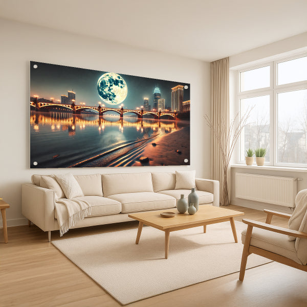 ירח מלא מעל גשר מואר בעיר – תמונות זכוכית לסלון