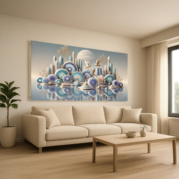 עגורים ונוף כחול זהב – תמונות זכוכית