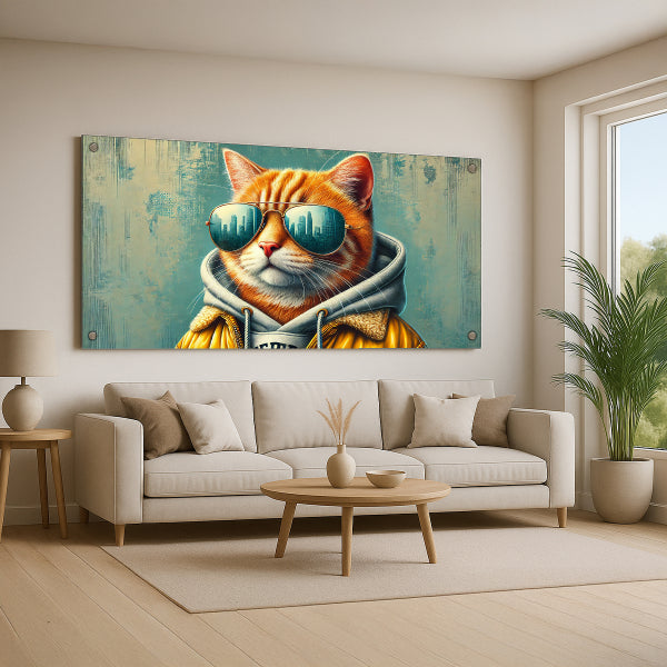 חתול עם משקפי שמש זהובים – הדפסה על זכוכית