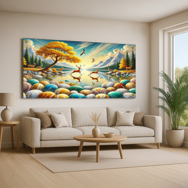 תמונות זכוכית איילים על רקע נוף צבעוני ואגם זהוב