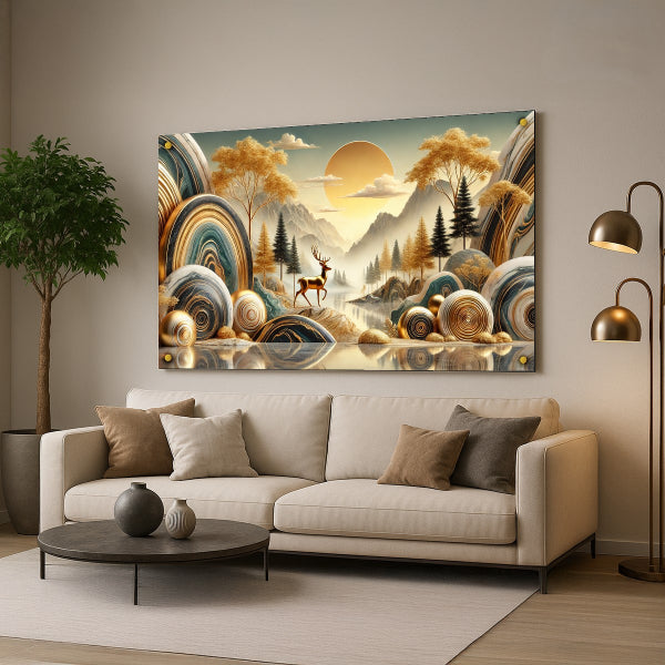 תמונות זכוכית אייל בזריחה בין הרים מוזהבים