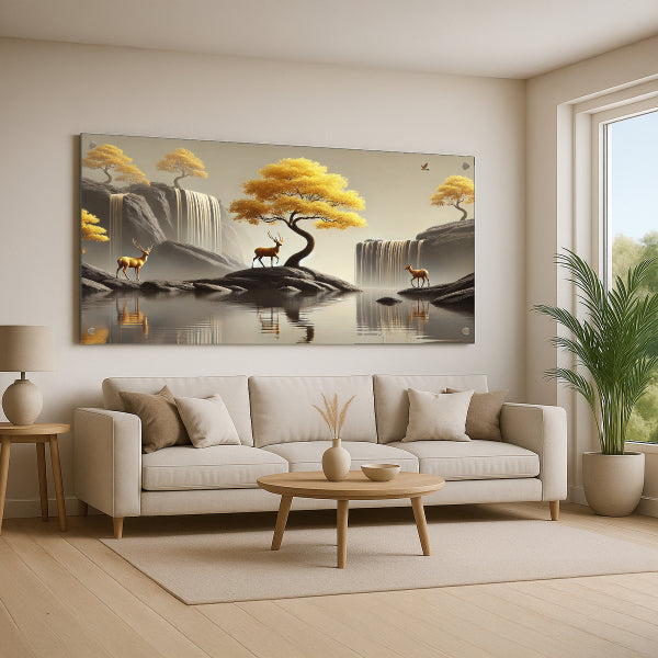 תמונות זכוכית איילים במפלים ועצי זהב